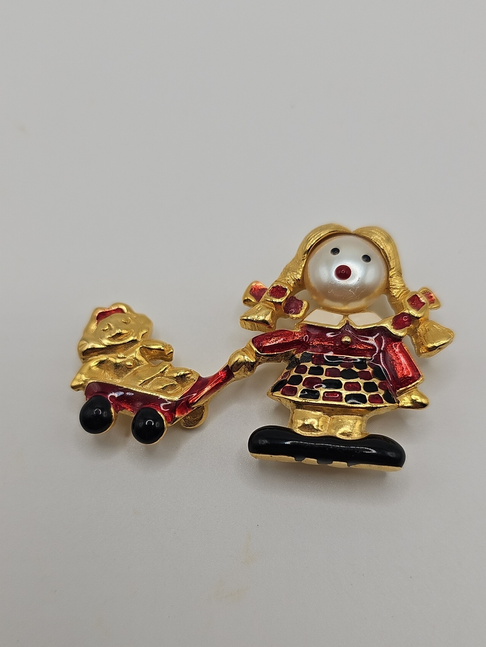 Gold and Red Girl with Wagon Kids Toy Pin - Decorative Play Accessory